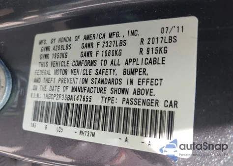2011 Honda Accord Lx z USA, uszkodzony, nr VIN 1HGCP2F35BA147855